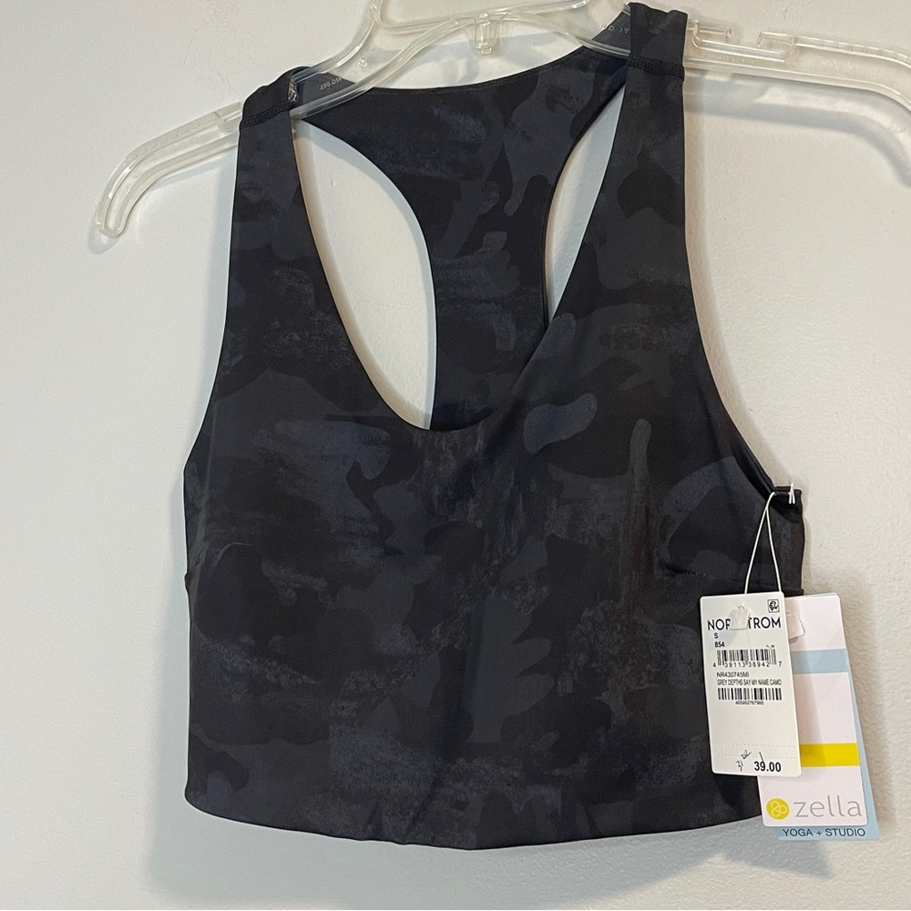 ZELLA Studio Lite Longline Sports Bra  in Grey Depths Say My Name Camo NEW Small